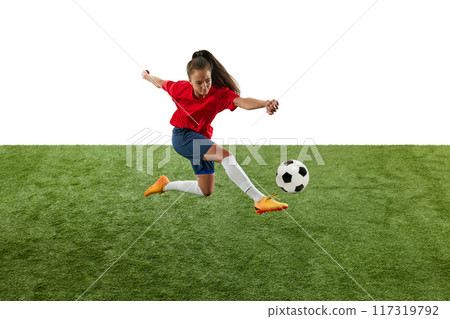 Athletic young woman, skilled bombardier, kicking ball with leg in mid-air aiming straight at opponent's goal green grassed stadium. Athletic young woman, skilled bombardier, kicking ball with leg in mid-air aiming straight at opponent's goal green grassed stadium. 117319792