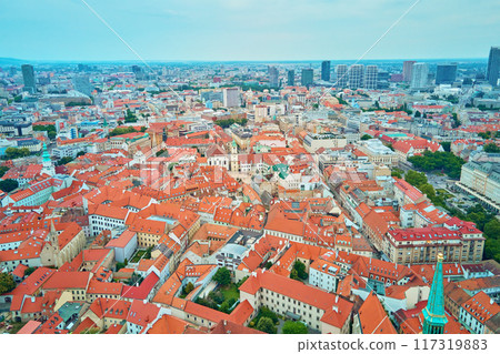 Panorama of Bratislava, Slovakia. Aerial view of historic European city with vibrant red rooftops. Urban landscape with historaical buildings Panorama of Bratislava, Slovakia. Aerial view of historic European city with vibrant red rooftops. Urban landscape with historaical buildings 117319883