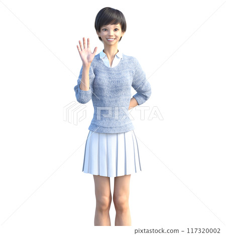 3DCG Smiling young woman raising her hand, front 117320002