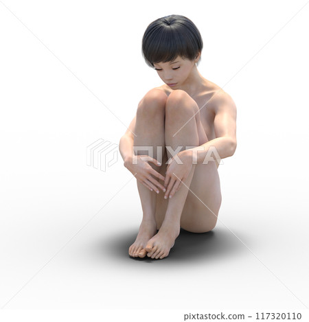 3DCG Woman sitting with knees hugged, looking sad 117320110