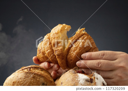 Bread, freshly baked bread, steam, breaking bread by hand Bread, freshly baked bread, steam, breaking bread by hand 117320209