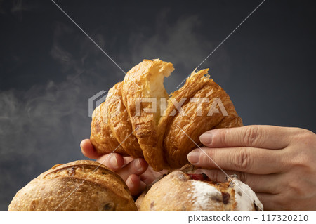 Bread, freshly baked bread, steam, breaking bread by hand Bread, freshly baked bread, steam, breaking bread by hand 117320210