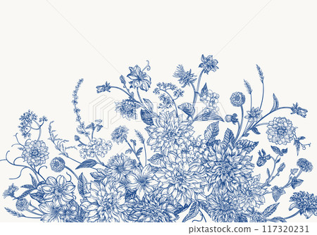 Vintage card with garden flowers in engraving style. Bouquet with chrysanthemums, dahlias, dogwood berries, zinnias, spikelets. Vector botanical detailed illustration. Blue 117320231