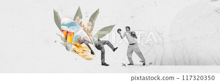 Banner. Contemporary art collage. Two men engage in playful boxing fight against background with floral elements and beer mugs. Banner. Contemporary art collage. Two men engage in playful boxing fight against background with floral elements and beer mugs. 117320350