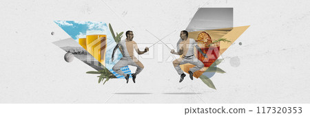Banner. Contemporary art collage. Two men engage in playful fencing duel, with one side featuring frothy beer and other vibrant cocktail. 117320353