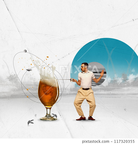 Poster. Contemporary art collage. Man, fencer in retro attire energetically next to foaming glass of beer with foamy splash. Poster. Contemporary art collage. Man, fencer in retro attire energetically next to foaming glass of beer with foamy splash. 117320355