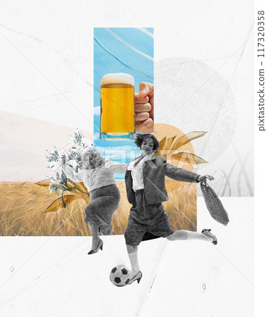 Poster. Contemporary art collage. Two women joyfully play with soccer ball in golden field, with frothy beer raised in background. Poster. Contemporary art collage. Two women joyfully play with soccer ball in golden field, with frothy beer raised in background. 117320358