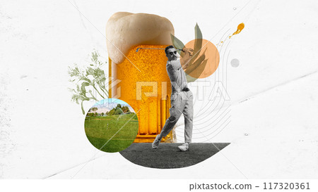 Poster. Contemporary art collage. Golfer swings confidently in front of frothy beer glass, merging elegance of game with joy of cold brew. Poster. Contemporary art collage. Golfer swings confidently in front of frothy beer glass, merging elegance of game with joy of cold brew. 117320361