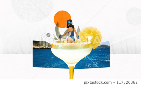 Poster. Contemporary art collage. Woman in snorkel gear emerges from cocktail glass by ocean, blending tropical adventure with refreshing drink. Poster. Contemporary art collage. Woman in snorkel gear emerges from cocktail glass by ocean, blending tropical adventure with refreshing drink. 117320362