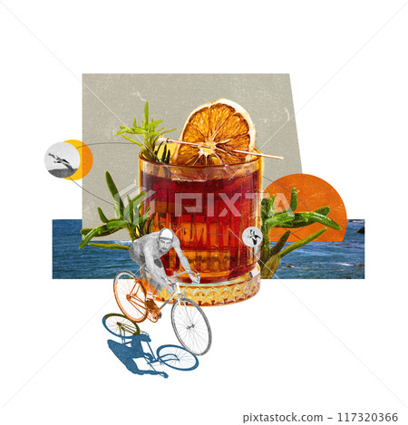 Poster. Contemporary art collage. Bicyclist in monochrome, riding against background with coast and cocktail. 117320366