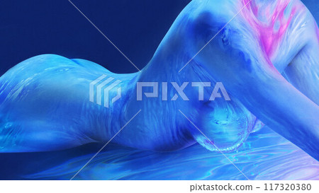 Contemporary art collage. Woman with body made from aqua, radiating beauty of nature in depth of ocean. Textured effect. 117320380