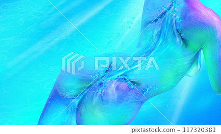 Contemporary art collage. Female body made from aqua, with splashes, shine of sunlight on depth of ocean. Textured effect. Contemporary art collage. Female body made from aqua, with splashes, shine of sunlight on depth of ocean. Textured effect. 117320381