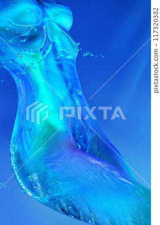 Contemporary art collage. Woman with transparent body made from water swimming underwater in moon light. Textured effect. 117320382