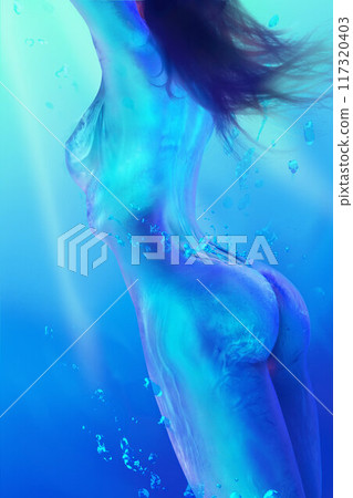 Contemporary art collage. Mythological character, woman with body made from aqua, swimming underwater on depth in moon shine. Textured effect. Contemporary art collage. Mythological character, woman with body made from aqua, swimming underwater on depth in moon shine. Textured effect. 117320403