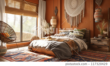 Aesthetically pleasing and warm Bohemian inspired bedroom design ideas 117320429