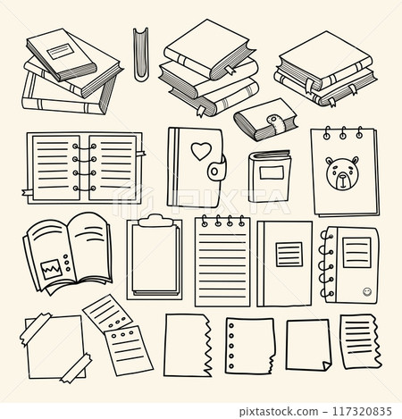 Books, notebooks, notepads and sheets, notes, album. Collection of outline doodles. Stationery, education. Vector illustration. Isolated hand drawing for design and decoration Books, notebooks, notepads and sheets, notes, album. Collection of outline doodles. Stationery, education. Vector illustration. Isolated hand drawing for design and decoration 117320835