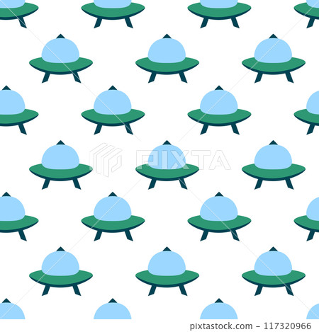Alien spaceship, spacecrafts and UFO Seamless Pattern. Cosmic ship in form saucer for transportation. Children design. Vector cartoon flat illustration. 117320966