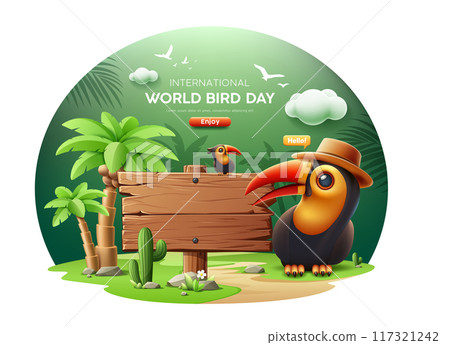 International World birds day. hornbill wearing hat, Hornbill sits on a wooden sign empty in the green forest on green background International World birds day. hornbill wearing hat, Hornbill sits on a wooden sign empty in the green forest on green background 117321242