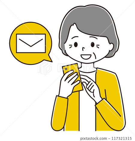 Illustration of an elderly woman checking emails on her smartphone 117321315