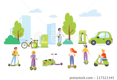 Electric Transport with Man and Woman Character Ride Eco-friendly Vehicle Vector Set Electric Transport with Man and Woman Character Ride Eco-friendly Vehicle Vector Set 117321345