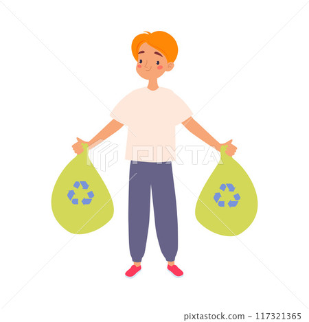 Ecology with Man Character Carry Garbage Bag Save Planet Vector Illustration 117321365