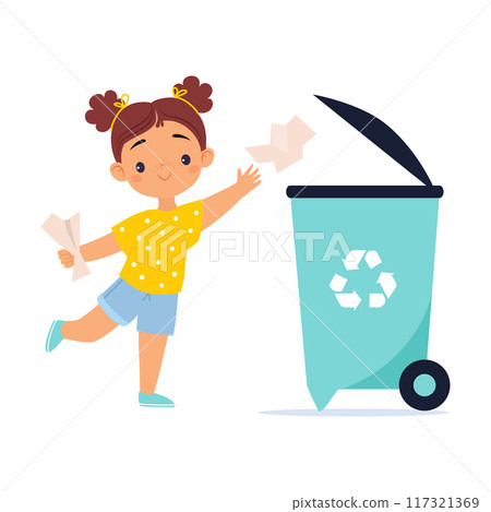 Ecology with Girl Character Throw Garbage in Recycle Bin Save Planet Vector Illustration 117321369