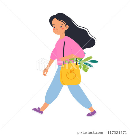 Ecology with Woman Character Carry Reusable Shopping Bag Save Planet Vector Illustration 117321371