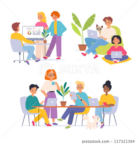 Coworking with People at Workspace at Laptop and Desk Vector Set 117321384
