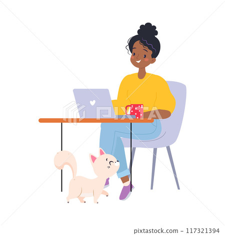 Coworking with Woman Character at Workspace at Laptop and Desk Vector Illustration 117321394