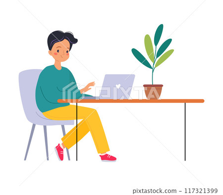 Coworking with Man Character at Workspace at Laptop and Desk Vector Illustration 117321399