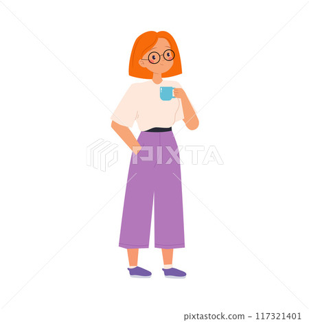 Coworking with Woman Character at Workspace Drink Tea with Cup Vector Illustration Coworking with Woman Character at Workspace Drink Tea with Cup Vector Illustration 117321401