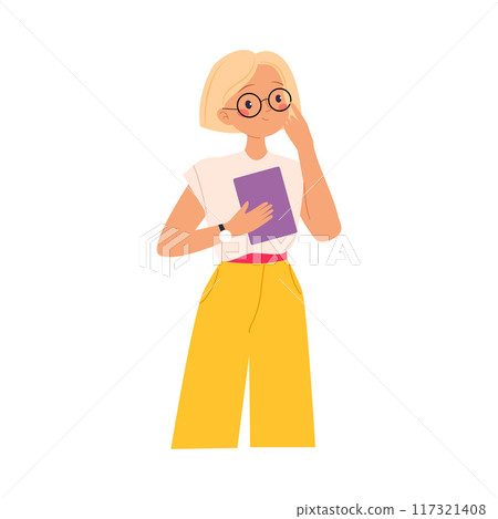 Coworking with Woman Character at Workspace with Tablet Vector Illustration 117321408