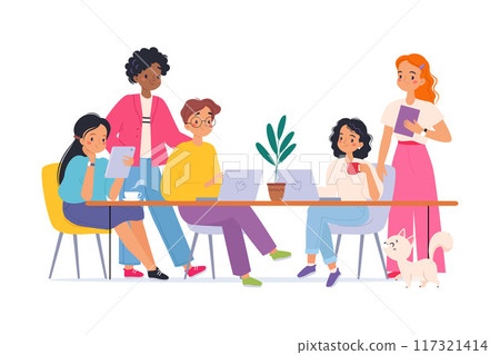 Coworking with Man and Woman at Workspace at Computer Vector Illustration 117321414