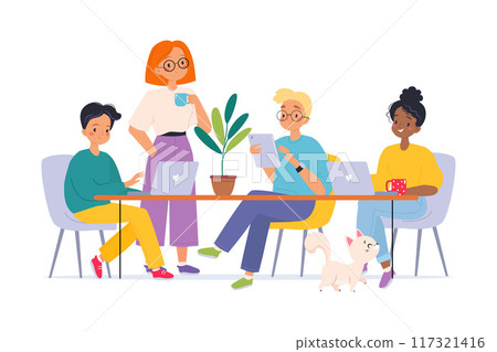 Coworking with Man and Woman at Workspace at Computer Vector Illustration 117321416