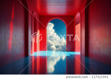 red room, wall, blue floor, arched doorway with clouds merging inside. Surreal architectural scene with dreamlike quality, red room, wall, blue floor, arched doorway with clouds merging inside. Surreal architectural scene with dreamlike quality, 117321441