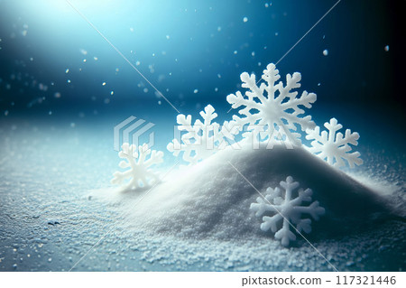 snowflake and defocused snowflakes on blue background 117321446