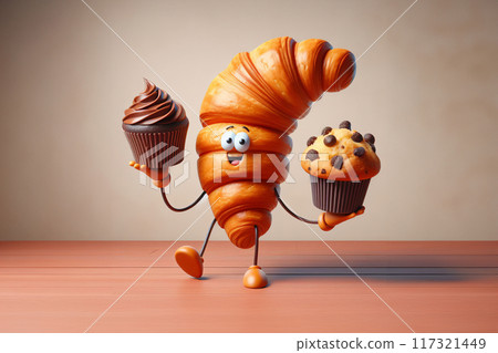 A charming croissant character, crafted in adorable 3D render, delicately holds a cupcake 117321449