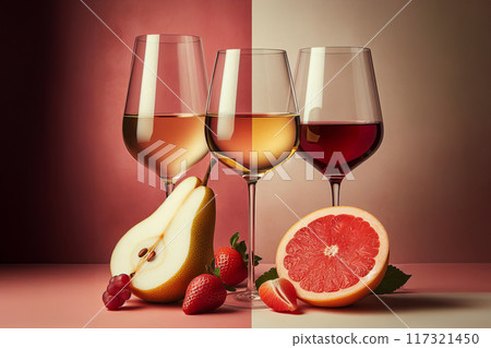 Sophisticated beverage setup with three glasses. 117321450
