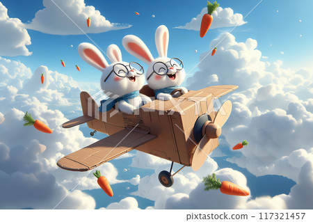 two white rabbits wearing glasses, sit side by side. 117321457