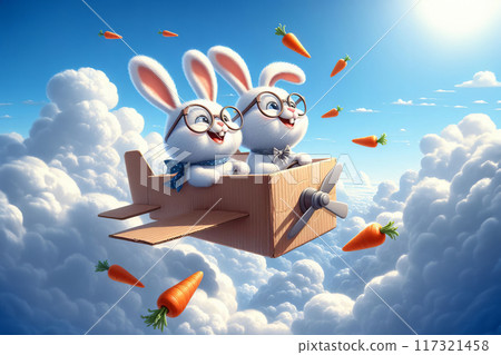 two cheerful white rabbits pilot a cardboard plane in a clear blue sky with light clouds. Their ears flutter in the wind, eyes closed in exhilaration 117321458