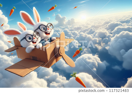 Two bunnies pilot a cardboard plane amidst a clear blue sky with light clouds. Carrots float among clouds. View from below captures spinning propeller, 117321483