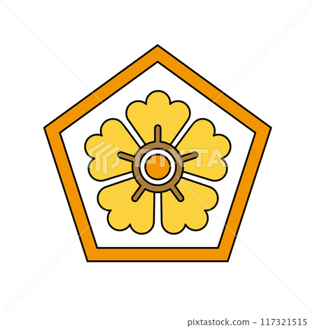 黃色可愛的花冠圖示。帶有輪廓的五邊形家族徽章的插圖材料。 117321515