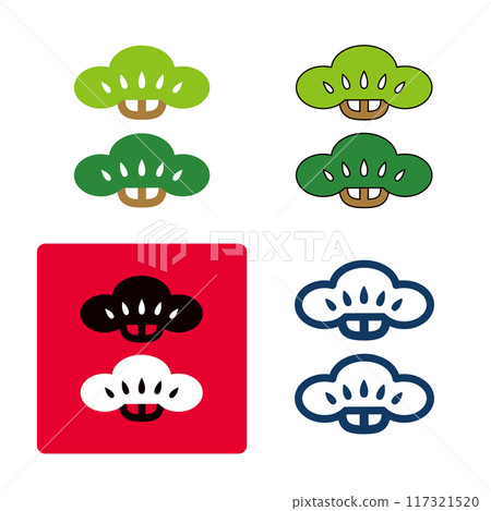 一組具有各種風格的松、竹、梅和松圖示。日本圖案松樹插圖主題。 一組具有各種風格的松、竹、梅和松圖示。日本圖案松樹插圖主題。 117321520