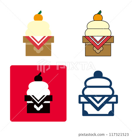 Kagami-mochi 圖示設定有各種風格。新年鏡餅的插圖主題。 117321523