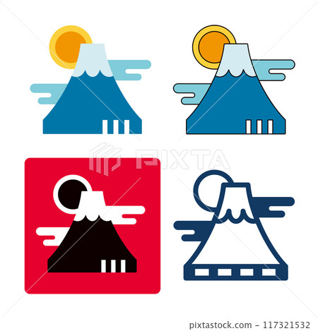 A set of icons of Mt. Fuji in various styles. An illustration motif of Mt. Fuji and the first sunrise. 117321532