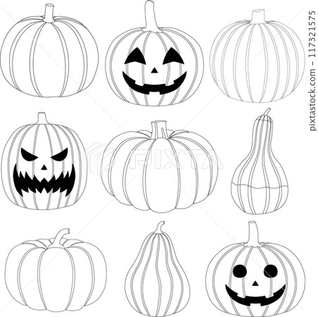 Pumpkins and Jack-o'-Lanterns (black and white) Pumpkins and Jack-o'-Lanterns (black and white) 117321575
