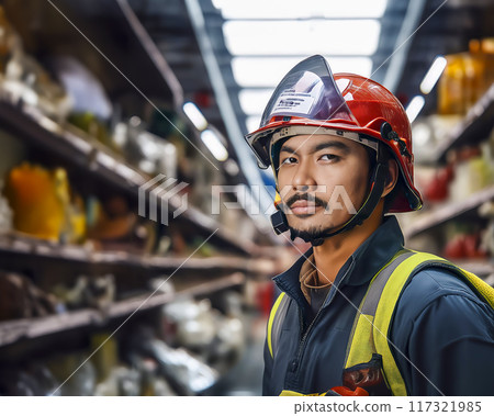 廢墟前戴頭盔的男子圖片素材 117321985