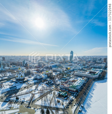 Winter Yekaterinburg and Temple on Blood in beautiful cloudy sunset. Aerial view of Yekaterinburg, Russia. Translation of the text on the temple Winter Yekaterinburg and Temple on Blood in beautiful cloudy sunset. Aerial view of Yekaterinburg, Russia. Translation of the text on the temple 117322048
