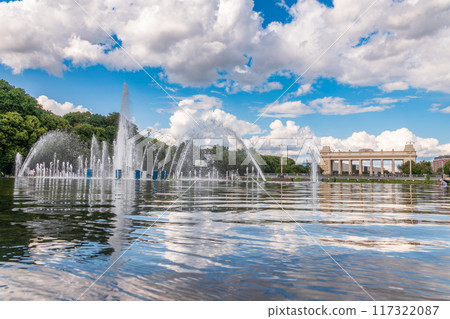 Fountain in the Gorky Park in hot summer day. Fountain in the Gorky Park in hot summer day. 117322087
