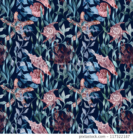 Watercolor and ink hand drawn marine life, sea ocean underwater creatures. fish, shells algae seaweed. Seamless pattern illustration, stylized, isolated on dark. Zoo shop, aquarium, cosmetics, resort Watercolor and ink hand drawn marine life, sea ocean underwater creatures. fish, shells algae seaweed. Seamless pattern illustration, stylized, isolated on dark. Zoo shop, aquarium, cosmetics, resort 117322187
